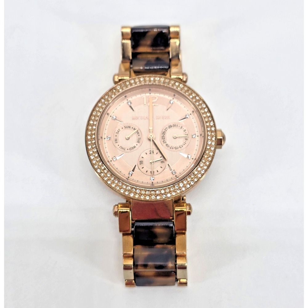 Michael Kors MK-5881 Women's Rose Gold Tortoise Shell Watch Rhinestone Accents